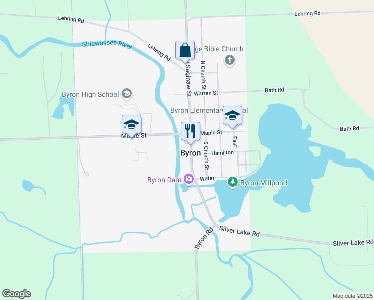 map of restaurants, bars, coffee shops, grocery stores, and more near 136 South Saginaw Street in Byron