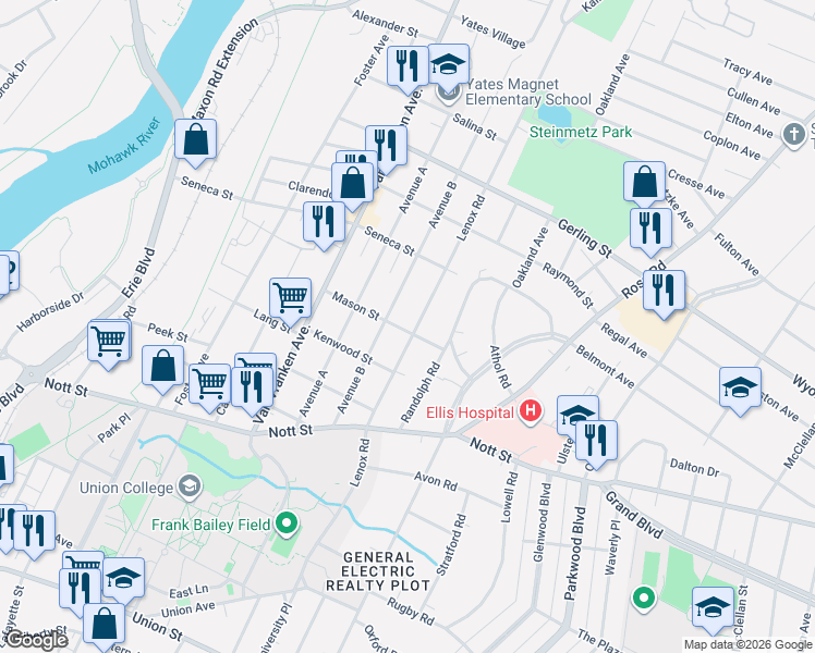 map of restaurants, bars, coffee shops, grocery stores, and more near 905 Mason Street in Schenectady