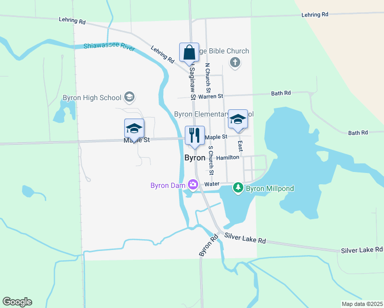 map of restaurants, bars, coffee shops, grocery stores, and more near 136 South Saginaw Street in Byron
