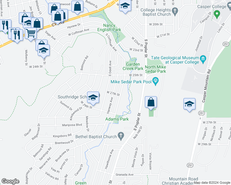 map of restaurants, bars, coffee shops, grocery stores, and more near 1348 West 27th Street in Casper