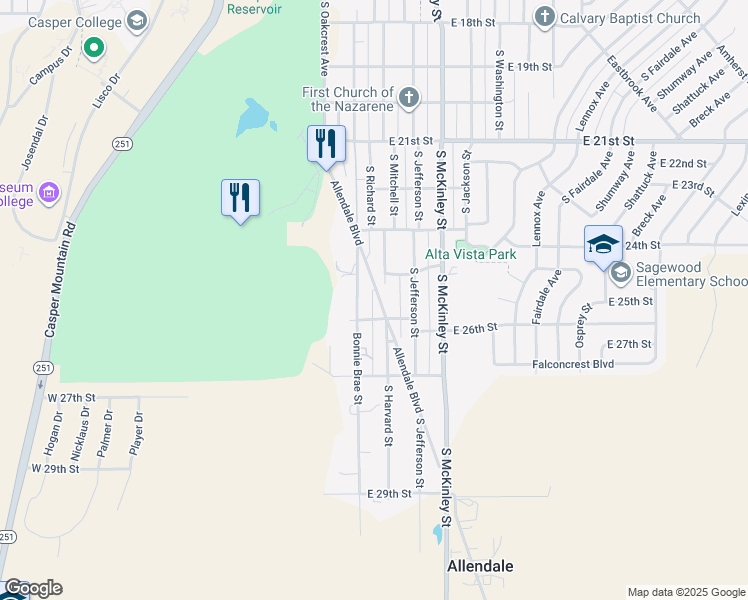 map of restaurants, bars, coffee shops, grocery stores, and more near 2548 Allendale Boulevard in Casper