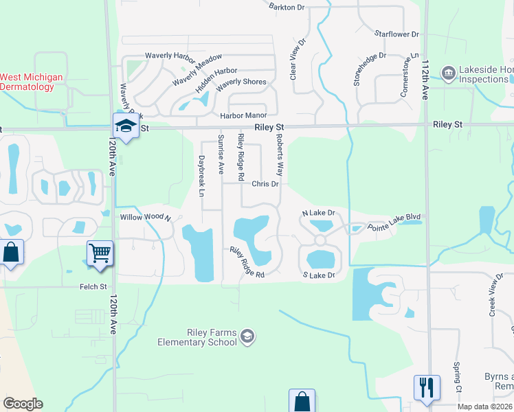 map of restaurants, bars, coffee shops, grocery stores, and more near Riley Ridge Road in Holland