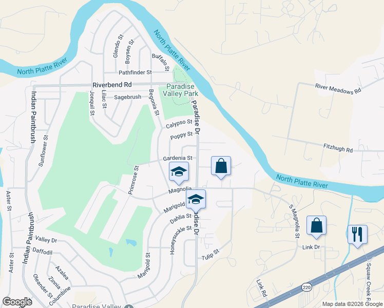 map of restaurants, bars, coffee shops, grocery stores, and more near 29 Goldenrod in Casper