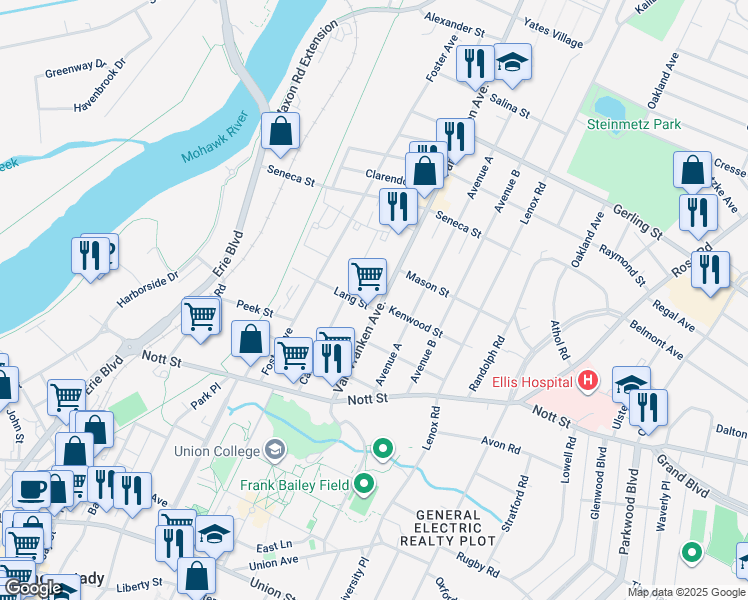 map of restaurants, bars, coffee shops, grocery stores, and more near 1672 Van Vranken Avenue in Schenectady