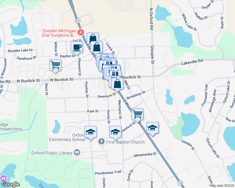 map of restaurants, bars, coffee shops, grocery stores, and more near 60 South Washington Street in Oxford
