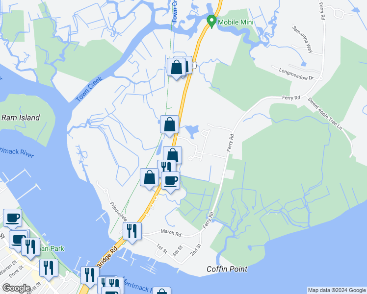 map of restaurants, bars, coffee shops, grocery stores, and more near 129 Bridge Road in Salisbury