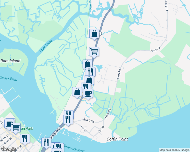 map of restaurants, bars, coffee shops, grocery stores, and more near 129 Bridge Rd in Salisbury