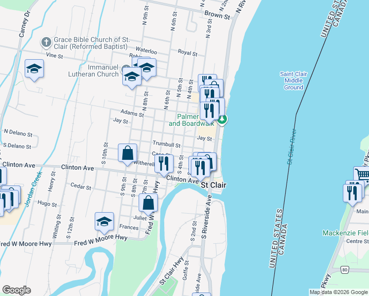 map of restaurants, bars, coffee shops, grocery stores, and more near 212 South 3rd Street in Saint Clair