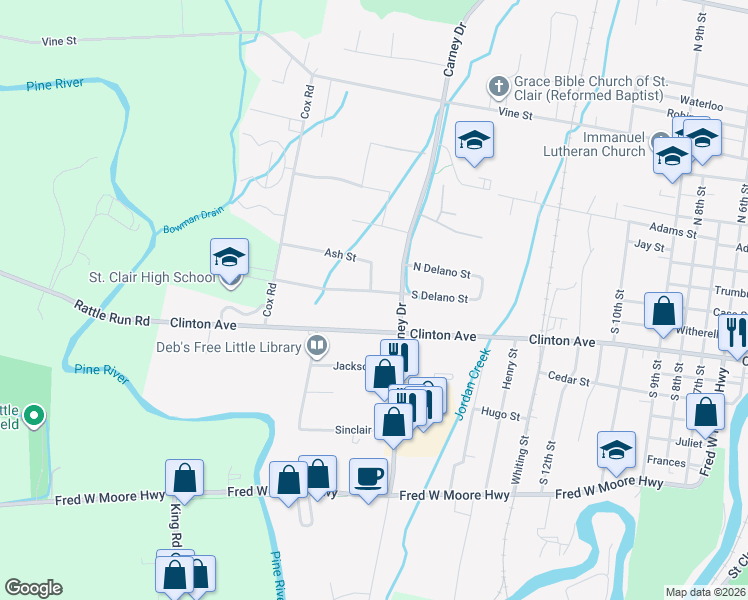 map of restaurants, bars, coffee shops, grocery stores, and more near 1827 South Delano Street in Saint Clair