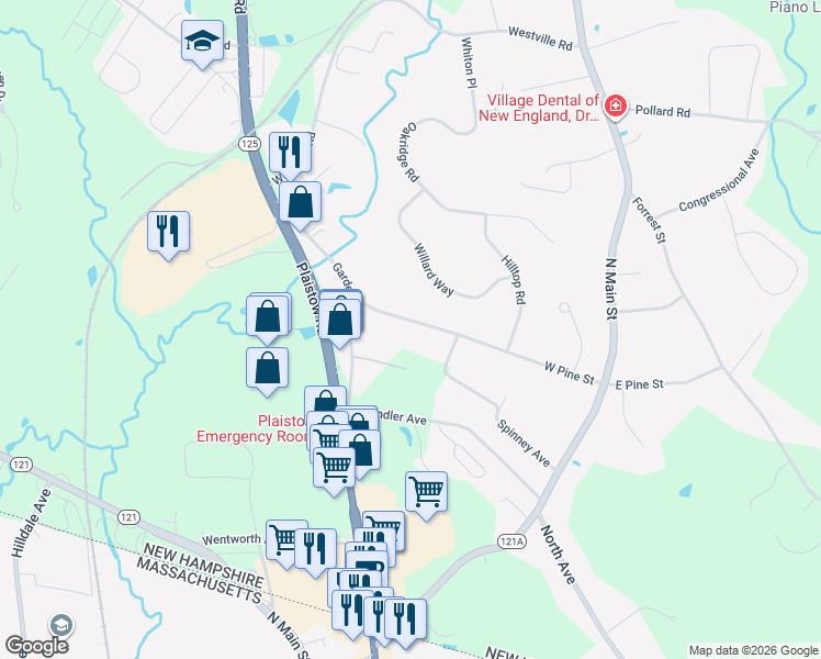 map of restaurants, bars, coffee shops, grocery stores, and more near 38 West Pine Street in Plaistow