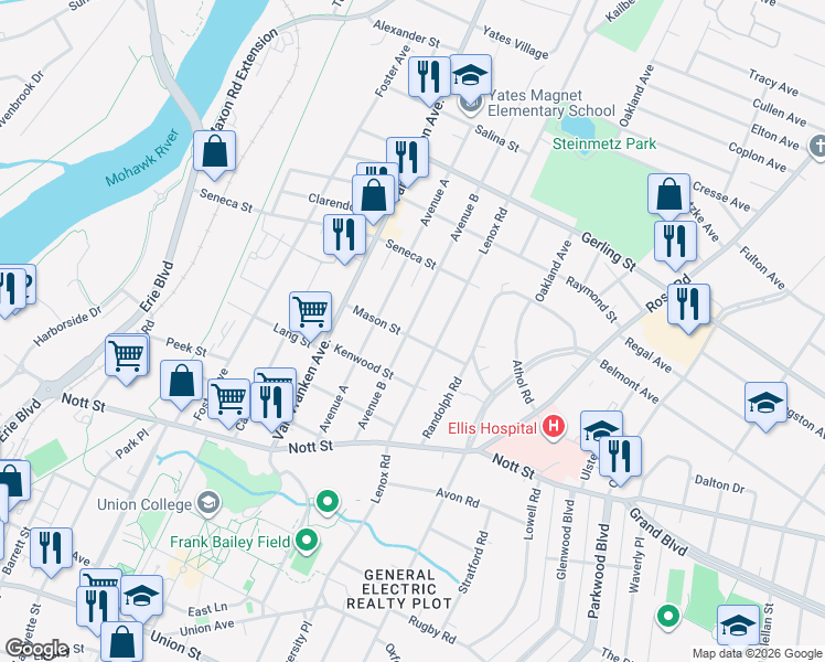 map of restaurants, bars, coffee shops, grocery stores, and more near 905 Mason Street in Schenectady