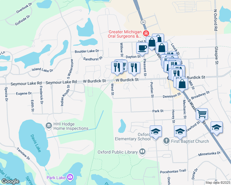 map of restaurants, bars, coffee shops, grocery stores, and more near 35 West Street in Oakland County