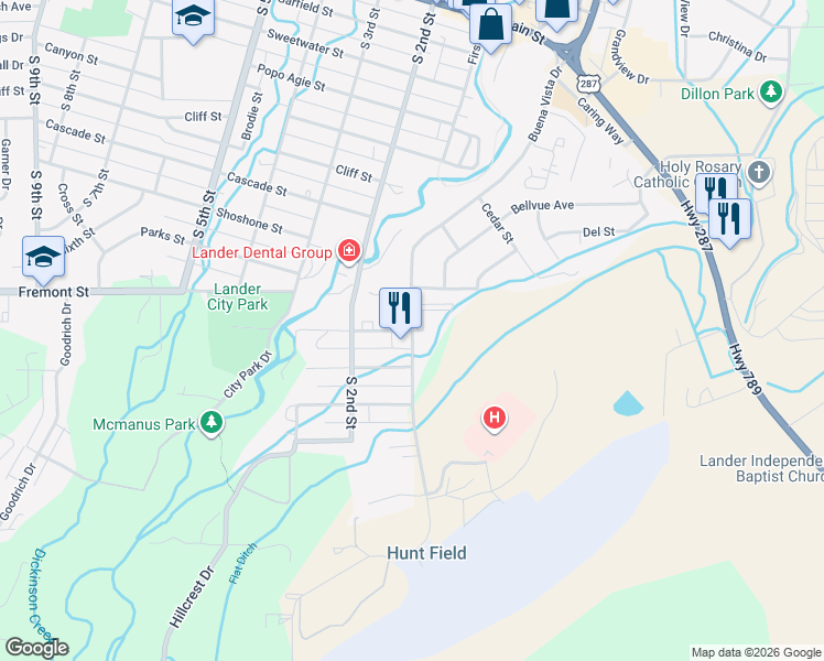map of restaurants, bars, coffee shops, grocery stores, and more near 100 Wyoming Street in Lander