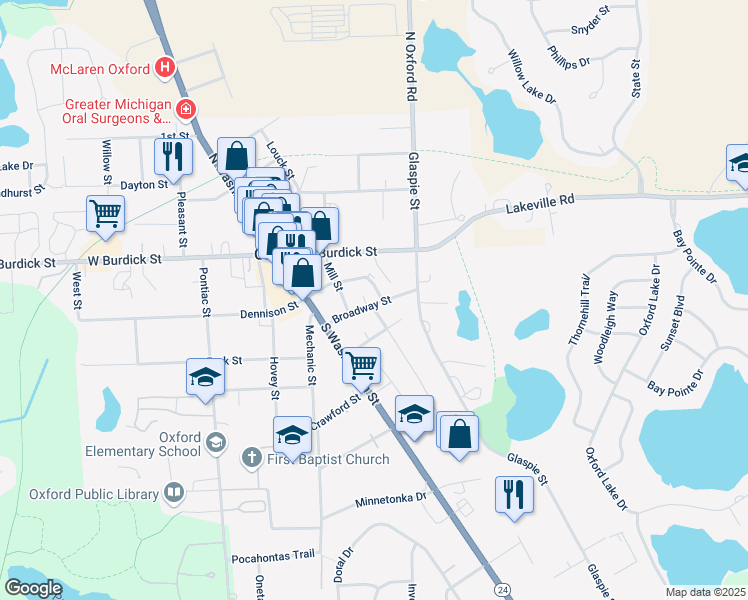 map of restaurants, bars, coffee shops, grocery stores, and more near 39 Broadway Street in Oakland County