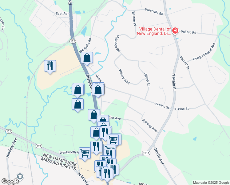 map of restaurants, bars, coffee shops, grocery stores, and more near 38 West Pine Street in Plaistow