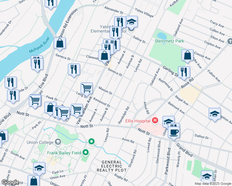map of restaurants, bars, coffee shops, grocery stores, and more near 905 Mason Street in Schenectady