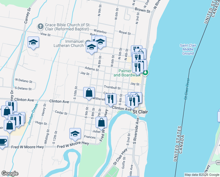 map of restaurants, bars, coffee shops, grocery stores, and more near 605 Trumbull Street in Saint Clair