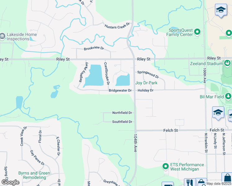 map of restaurants, bars, coffee shops, grocery stores, and more near 10502 Bridgewater Drive in Zeeland
