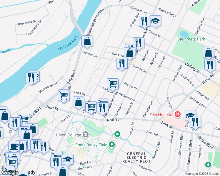map of restaurants, bars, coffee shops, grocery stores, and more near 1660 Carrie Street in Schenectady