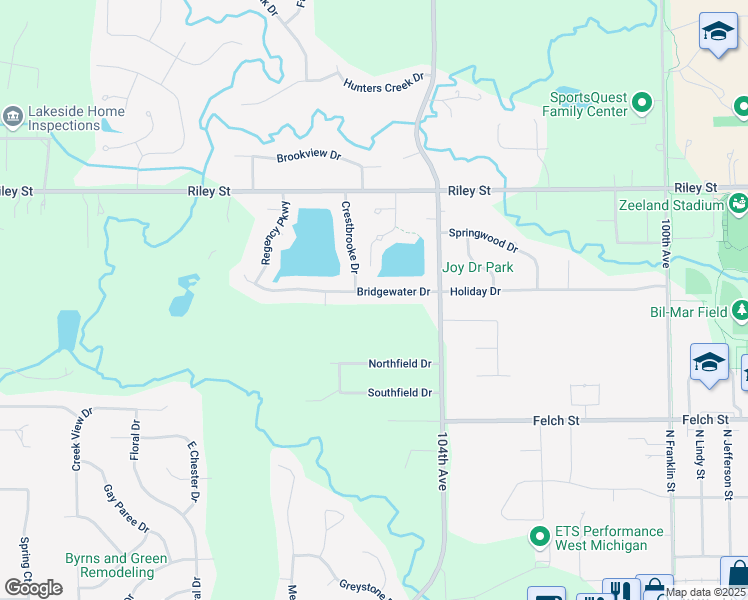 map of restaurants, bars, coffee shops, grocery stores, and more near 10502 Bridgewater Drive in Zeeland