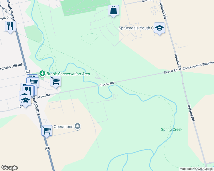 map of restaurants, bars, coffee shops, grocery stores, and more near 126 Decou Road in Simcoe