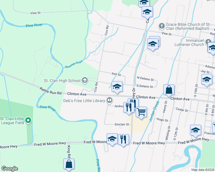 map of restaurants, bars, coffee shops, grocery stores, and more near 2121 South Delano Street in Saint Clair
