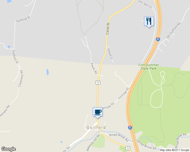 map of restaurants, bars, coffee shops, grocery stores, and more near 17 Pauls Road in Guilford