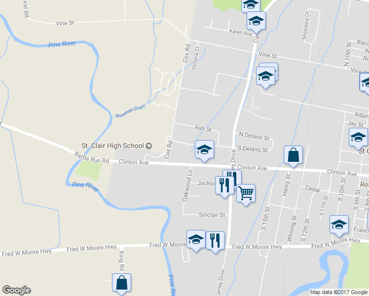 map of restaurants, bars, coffee shops, grocery stores, and more near 2121 South Delano Street in Saint Clair