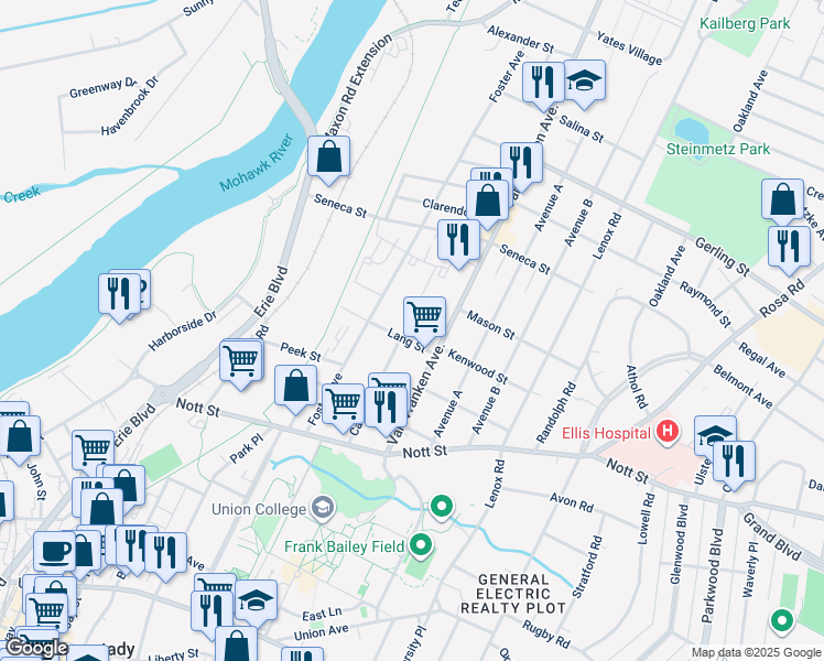 map of restaurants, bars, coffee shops, grocery stores, and more near 1660 Carrie Street in Schenectady