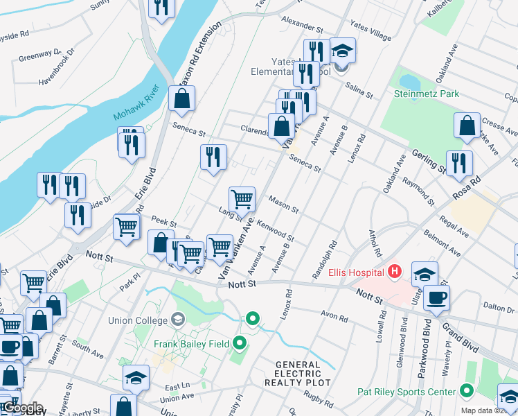 map of restaurants, bars, coffee shops, grocery stores, and more near 1672 Van Vranken Avenue in Schenectady