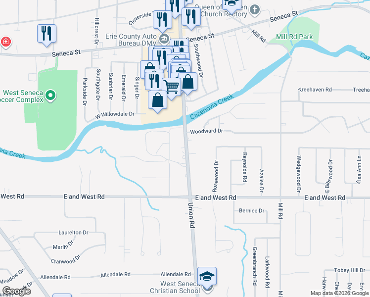 map of restaurants, bars, coffee shops, grocery stores, and more near 844 New York 277 in West Seneca