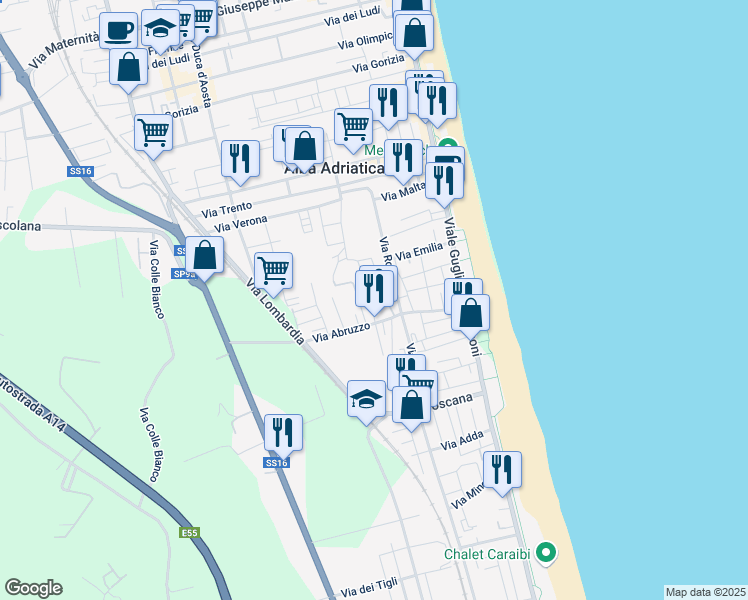 map of restaurants, bars, coffee shops, grocery stores, and more near 66 Via Abruzzo in Alba Adriatica