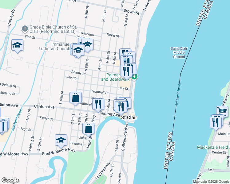 map of restaurants, bars, coffee shops, grocery stores, and more near 212 South 3rd Street in Saint Clair