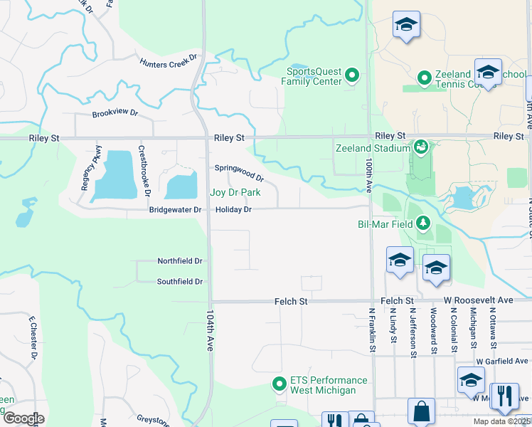 map of restaurants, bars, coffee shops, grocery stores, and more near 10256 Holiday Drive in Zeeland
