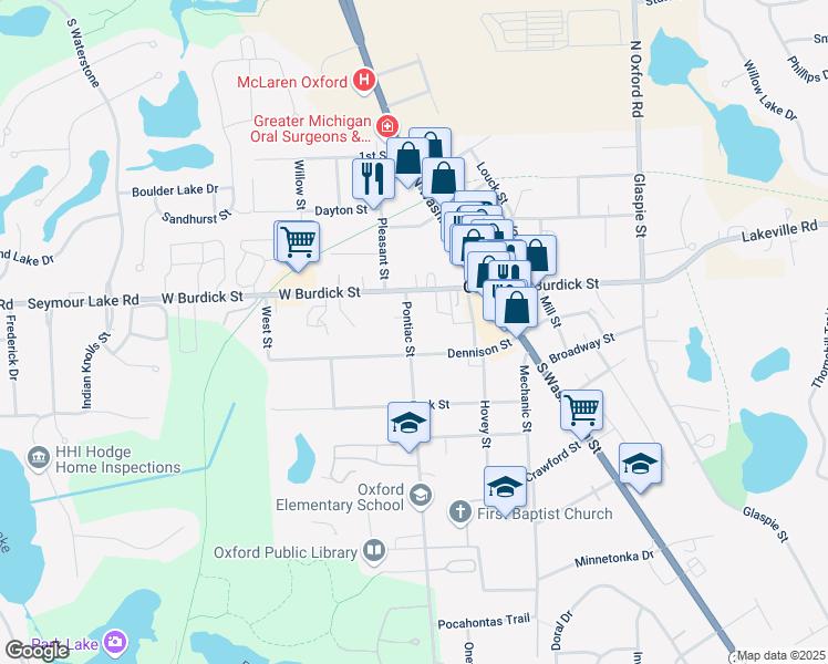 map of restaurants, bars, coffee shops, grocery stores, and more near 20 Pontiac Street in Oakland County