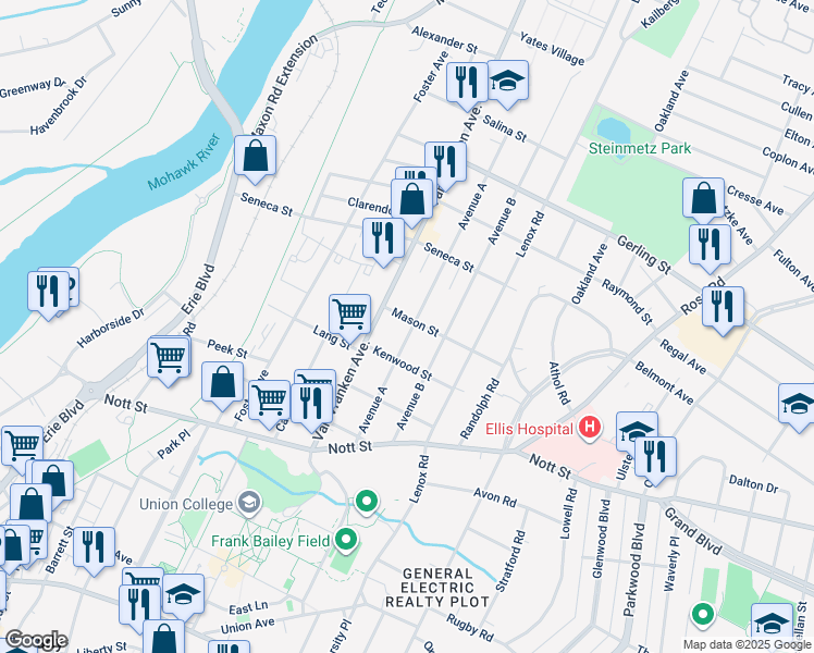 map of restaurants, bars, coffee shops, grocery stores, and more near 1685 Avenue A in Schenectady