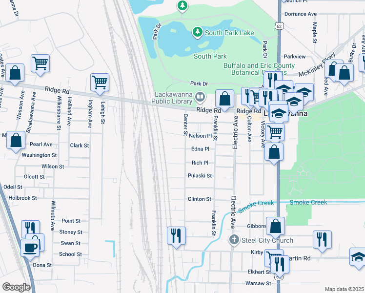 map of restaurants, bars, coffee shops, grocery stores, and more near 83 Center Street in Buffalo