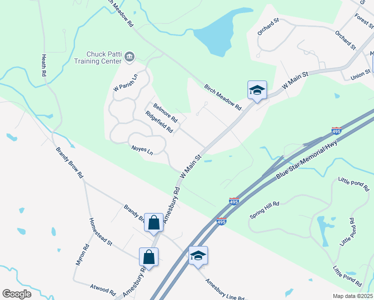 map of restaurants, bars, coffee shops, grocery stores, and more near 4 Westminster Road in Merrimac
