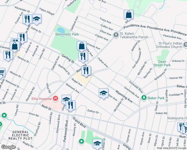 map of restaurants, bars, coffee shops, grocery stores, and more near 1275 Gerling Street in Schenectady