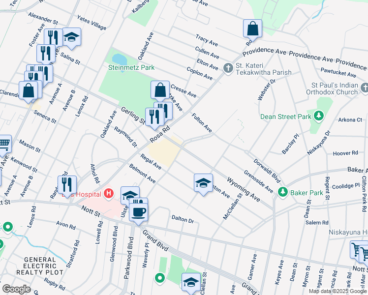 map of restaurants, bars, coffee shops, grocery stores, and more near 1275 Gerling Street in Schenectady