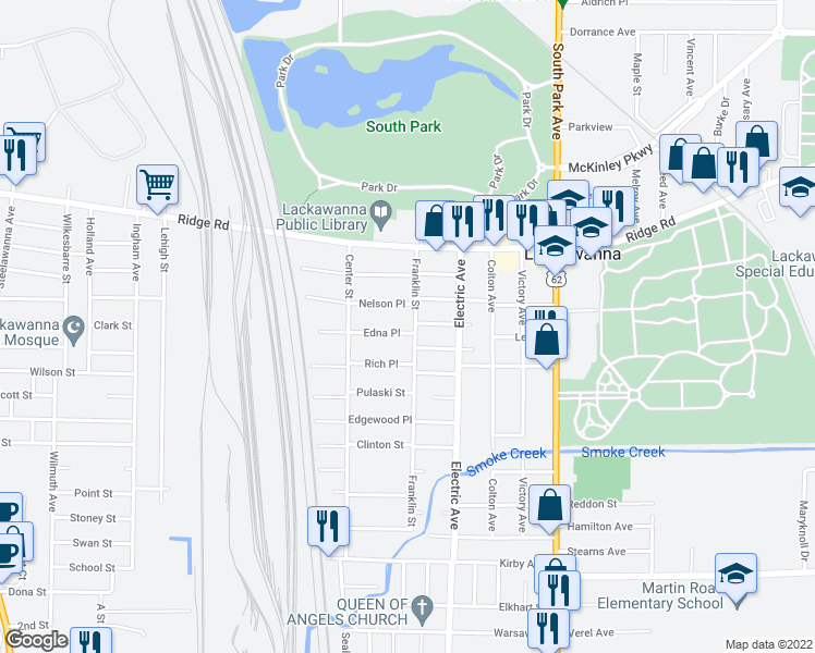 map of restaurants, bars, coffee shops, grocery stores, and more near 81 Franklin Street in Lackawanna