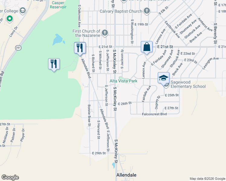 map of restaurants, bars, coffee shops, grocery stores, and more near 2520 South McKinley Street in Casper