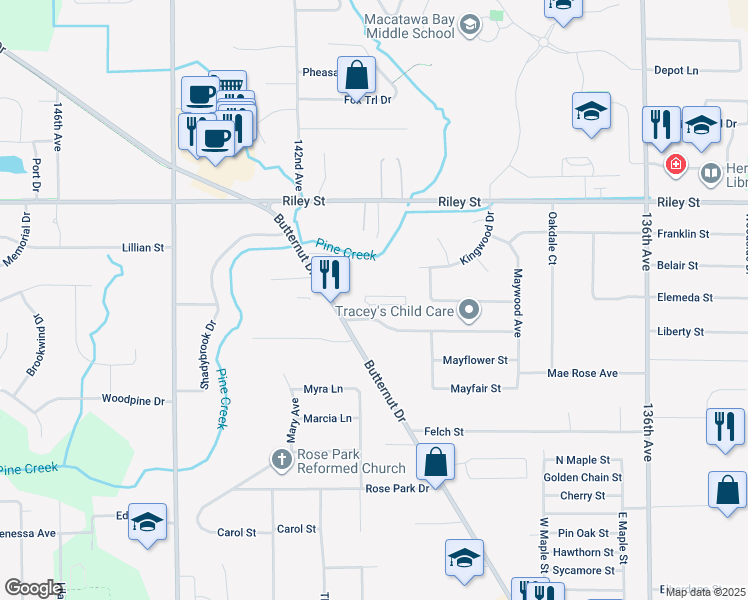 map of restaurants, bars, coffee shops, grocery stores, and more near 475 West Mae Rose Avenue in Holland