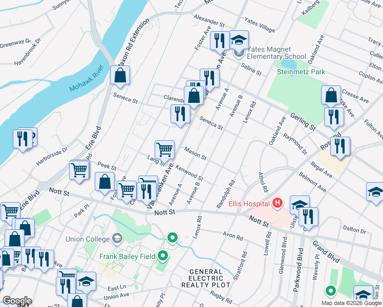 map of restaurants, bars, coffee shops, grocery stores, and more near 1685 Avenue A in Schenectady