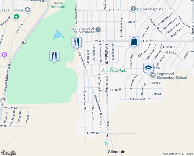 map of restaurants, bars, coffee shops, grocery stores, and more near 841 East 25th Street in Casper