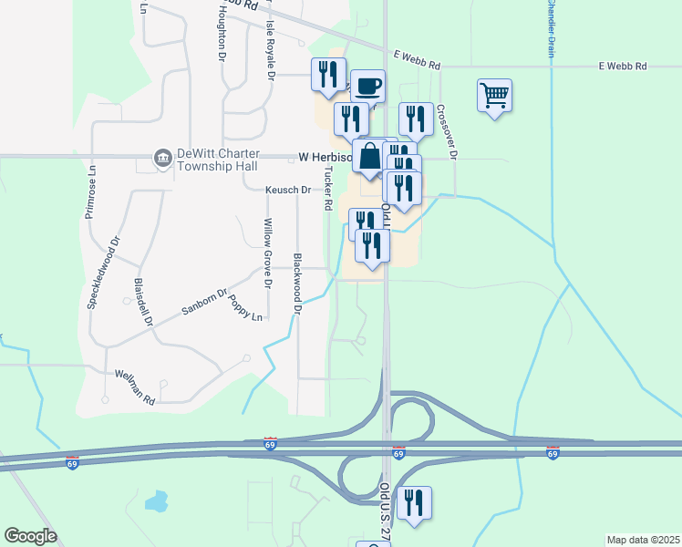map of restaurants, bars, coffee shops, grocery stores, and more near 13274 Old U.S. 27 in DeWitt