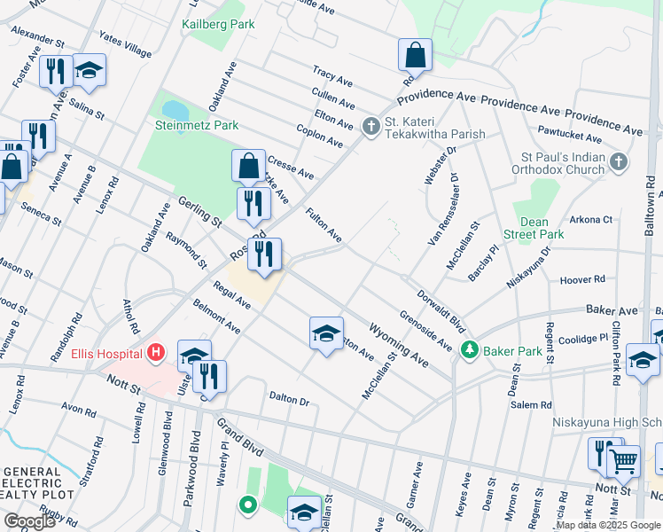 map of restaurants, bars, coffee shops, grocery stores, and more near 1275 Gerling Street in Schenectady