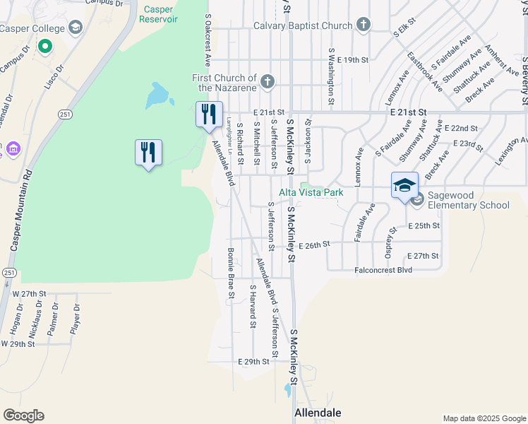 map of restaurants, bars, coffee shops, grocery stores, and more near 841 East 25th Street in Casper