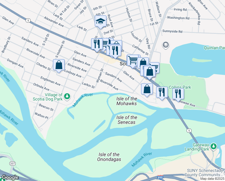 map of restaurants, bars, coffee shops, grocery stores, and more near 133 Riverside Avenue in Scotia