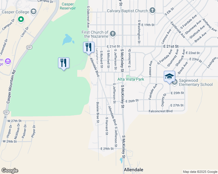 map of restaurants, bars, coffee shops, grocery stores, and more near 841 East 25th Street in Casper